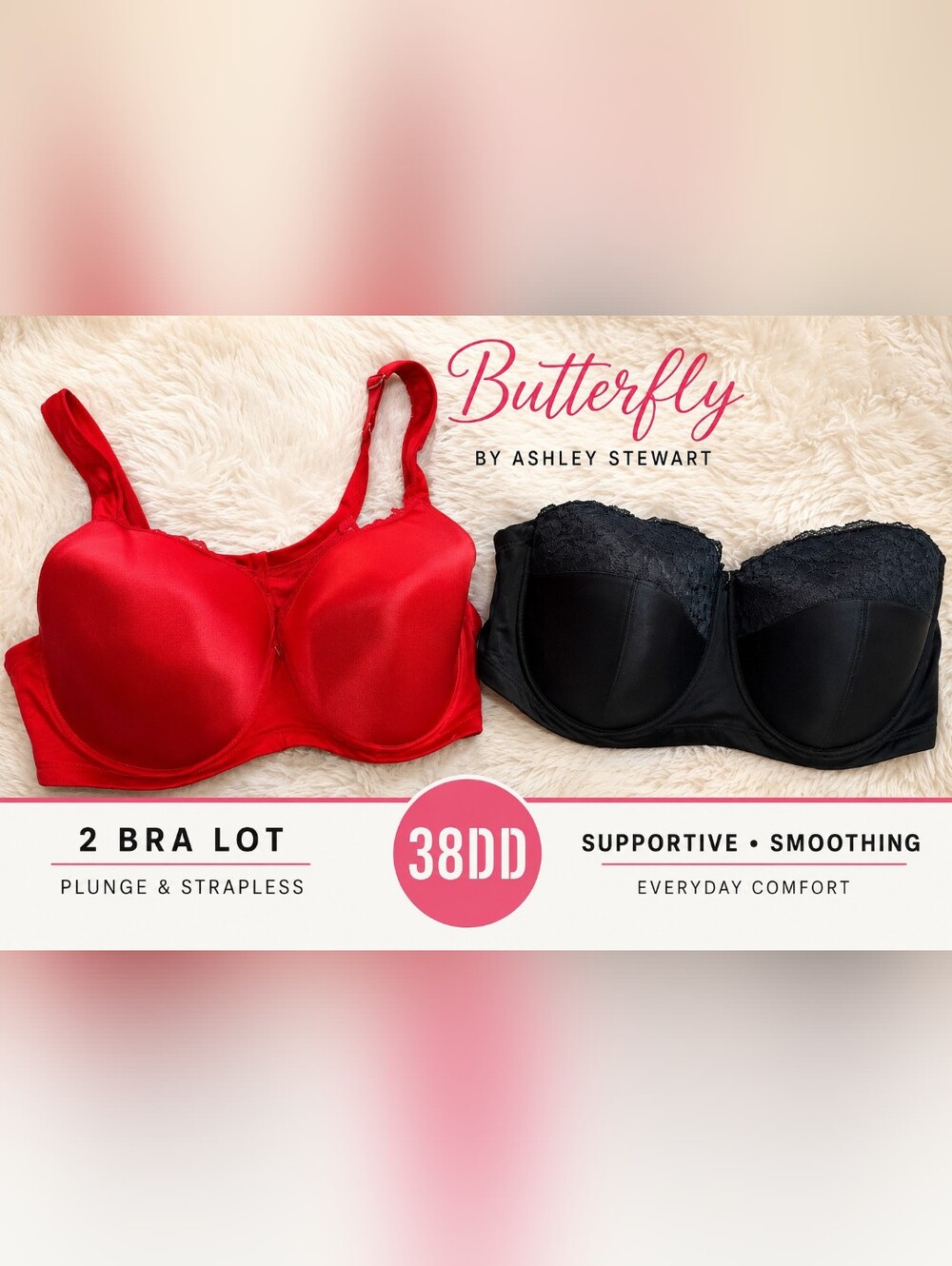 Ashley Stewart Butterfly Bra Set Size 38DD Red Plunge & Black Strapless